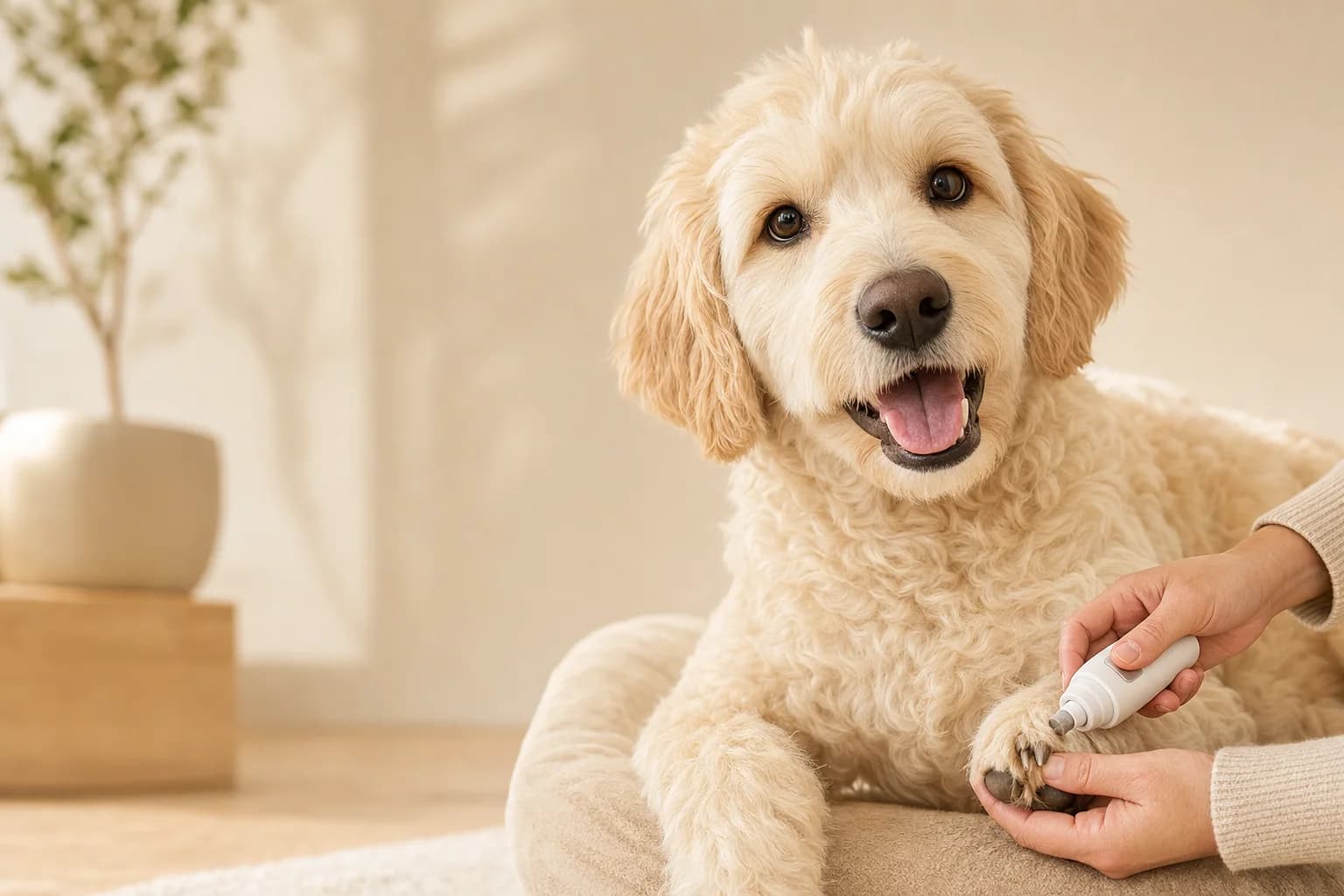 Quiet pet nail grinder being used in a calm dog grooming setting